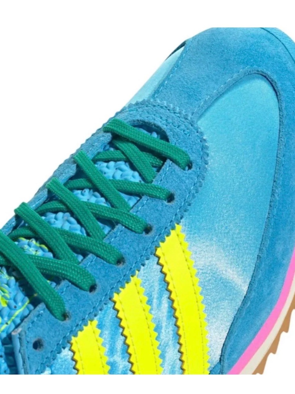 adidas Women’s Turquoise Suede Sneaker with Yellow Stripes and Green Laces